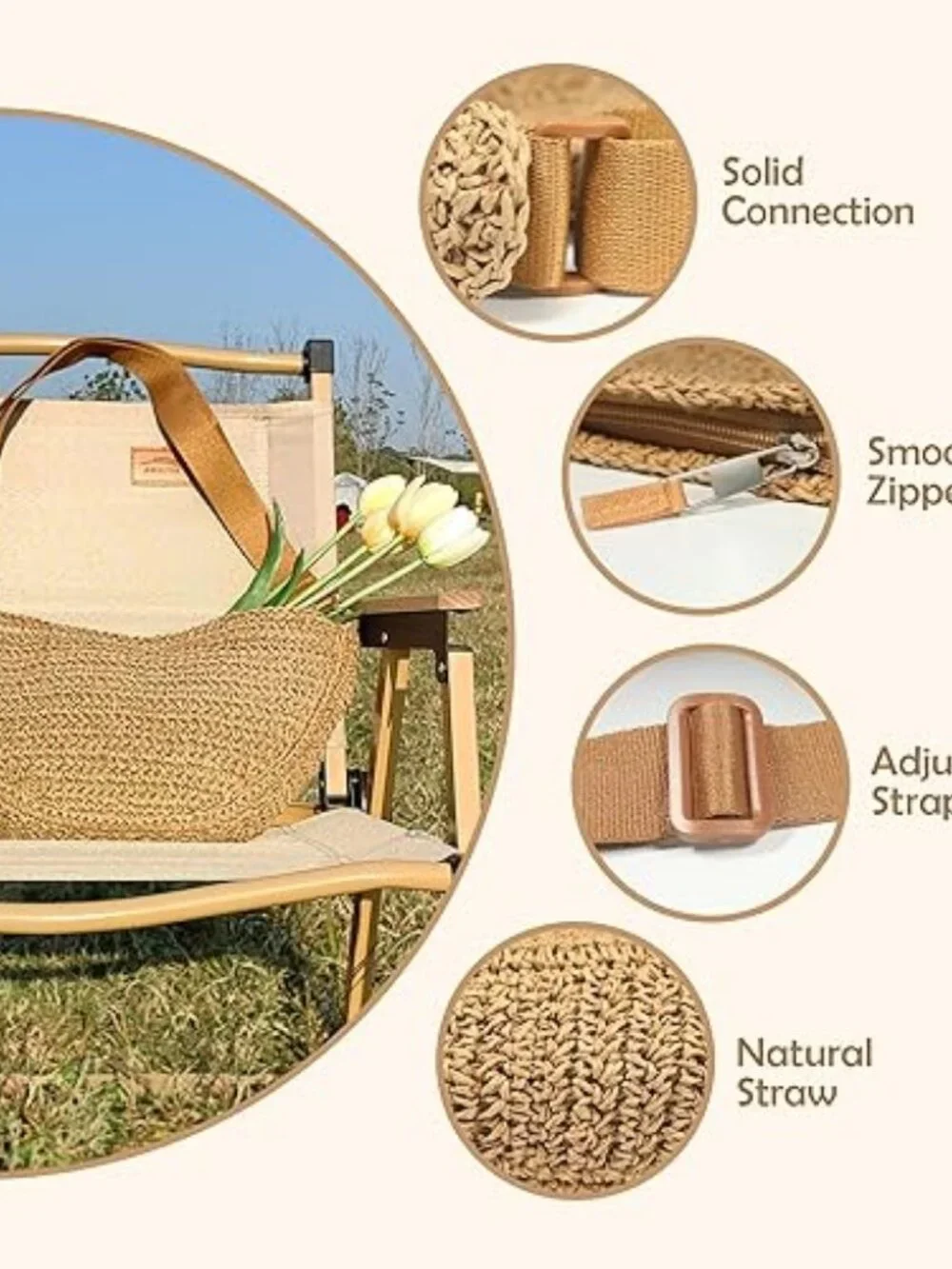 Straw Crossbody Bag Woven Hobo Shoulder Purse Adjustable Strap - Picture 5 of 6